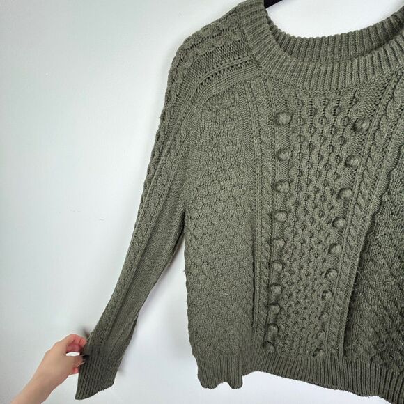 J.Crew Popcorn Cableknit Chunky Lambs Wool Sweater Bauble Pullover Olive Green M - Picture 3 of 10